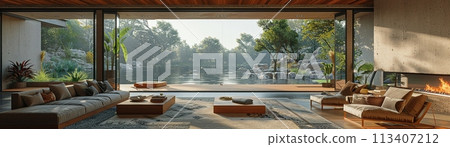 Serene lake house with panoramic views and open living spaces3D render 113407212