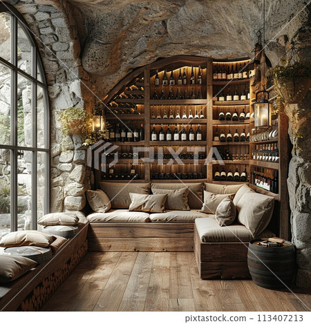 Rustic wine cellar with stone walls and wooden wine racks3D render 113407213