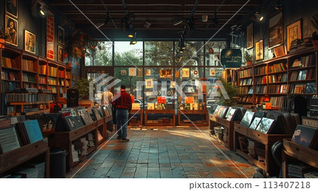 Vintage record store with listening stations and wall-to-wall vinyl3D render Vintage record store with listening stations and wall-to-wall vinyl3D render 113407218