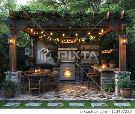Rustic outdoor kitchen and dining area with a fire pit and string lights3D render 113407220