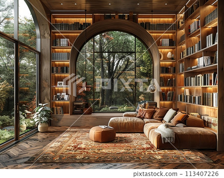 Warm-toned library with built-in bookshelves and a cozy reading nook3D render 113407226