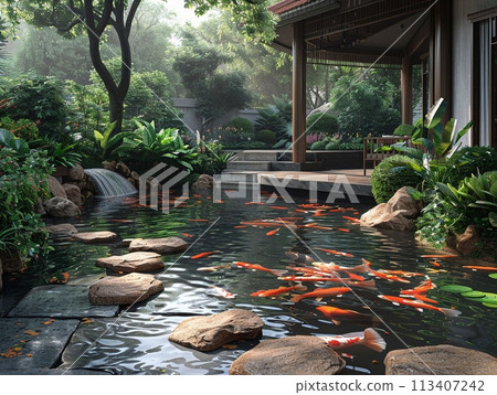Tranquil koi pond with a surrounding sitting area and lush landscaping3D render Tranquil koi pond with a surrounding sitting area and lush landscaping3D render 113407242