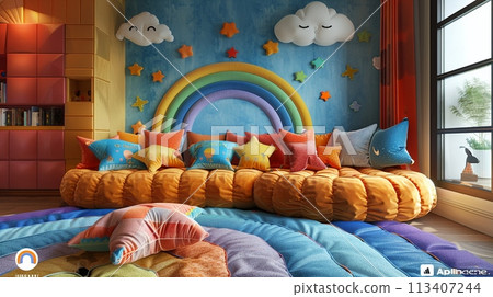 Whimsical childrens playroom with bright colors and imaginative decor3D render 113407244