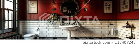 Vintage Hollywood glam powder room with mirrored vanity and black-and-white tile.3D render Vintage Hollywood glam powder room with mirrored vanity and black-and-white tile.3D render 113407245