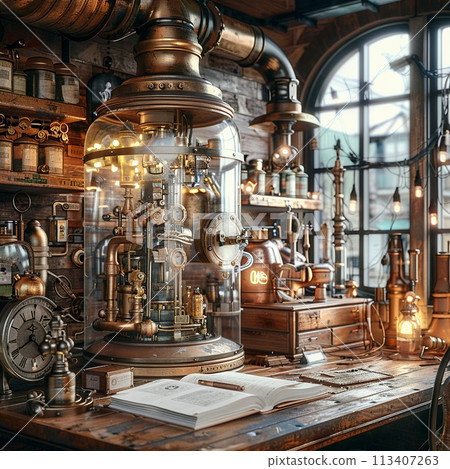 Steampunk study with vintage gadgets and brass details3D render 113407263