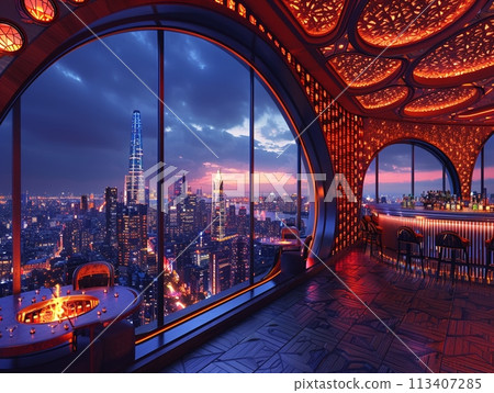 Swanky rooftop bar with panoramic city views and luxe decor3D render Swanky rooftop bar with panoramic city views and luxe decor3D render 113407285