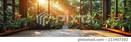 Tropical conservatory with exotic plants and a glass roof3D render. Tropical conservatory with exotic plants and a glass roof3D render. 113407302
