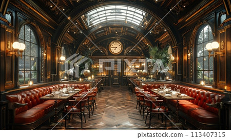 Vintage train-themed restaurant with booth seating in old carriages3D render 113407315