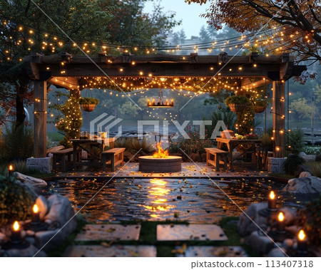 Rustic outdoor kitchen and dining area with a fire pit and string lights3D render 113407318