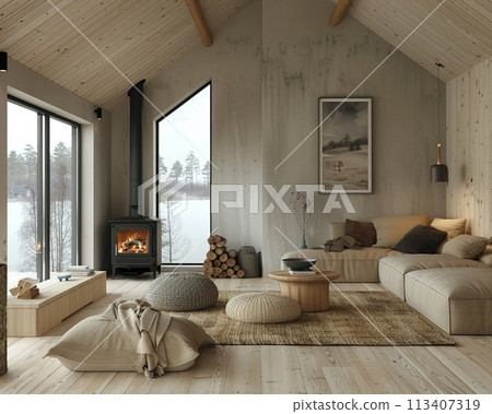 Scandinavian cabin with a wood stove and minimalist furnishings3D render 113407319