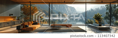 Serene lake house with panoramic views and open living spaces3D render 113407342