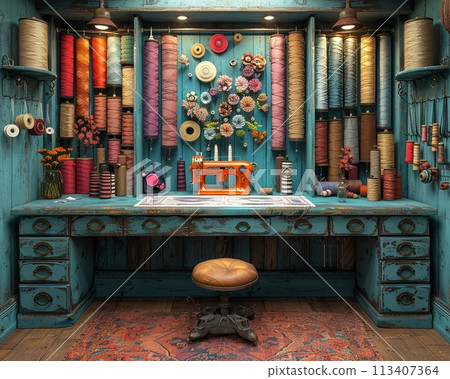 Vintage sewing room with antique machines and walls of colorful thread spools.3D render 113407364