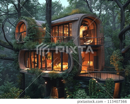 Rustic treehouse for adults with cozy interiors and views of the forest canopy.3D render 113407366