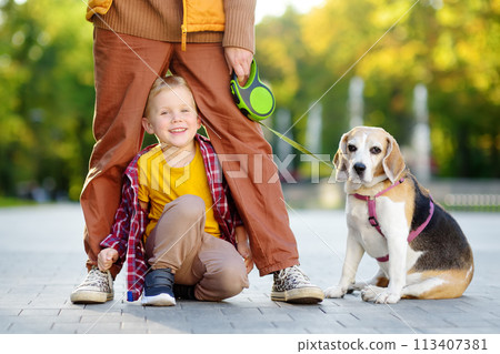 Happy family, mother and little son, walking with dog in park on autumn day. Active playful child playing with mom and domestic pet. Difficulties of upbringing of kids with adhd 113407381