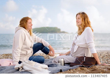 A redhead senior mother and her adult pregnant daughter are having a picnic by the sea shore. Happy meeting of a mother and her grown-up child. 113407405