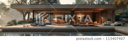 Serene lake house with panoramic views and open living spaces3D render 113407407