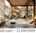 Traditional Japanese tea room with tatami flooring and shoji screens3D render. 113407409