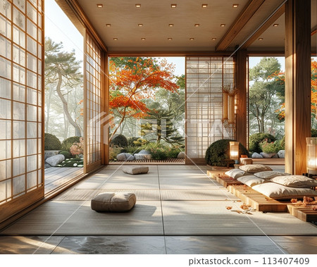 Traditional Japanese tea room with tatami flooring and shoji screens3D render. 113407409