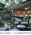 Tranquil Japanese koi pond garden with stepping stones and traditional tea house.3D render. 113407410