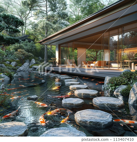 Tranquil Japanese koi pond garden with stepping stones and traditional tea house.3D render. 113407410