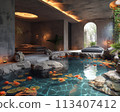 Serene water-themed spa with indoor ponds and floating flower arrangements.3D render 113407412