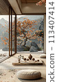 Zen meditation room with tatami mats a low table 113407414