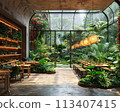 Sustainable greenhouse cafe with edible plants growing alongside dining tables.3D render 113407415