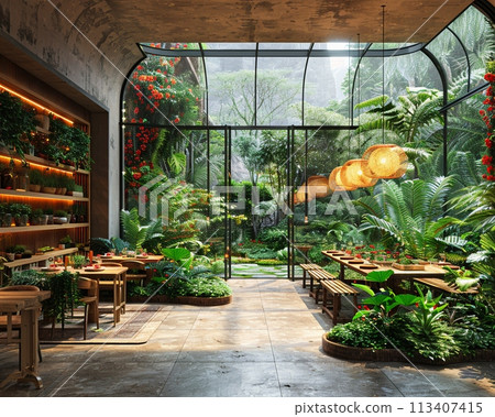 Sustainable greenhouse cafe with edible plants growing alongside dining tables.3D render Sustainable greenhouse cafe with edible plants growing alongside dining tables.3D render 113407415