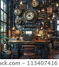 Steampunk office with vintage typewriters brass lamps 113407416
