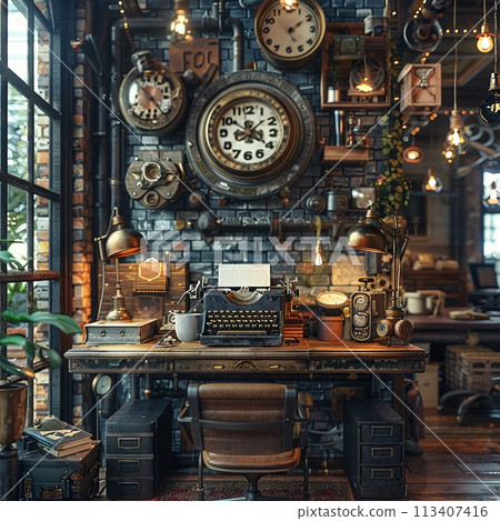 Steampunk office with vintage typewriters brass lamps 113407416