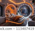 Space-themed bedroom with galaxy murals spaceship bed 113407419