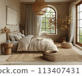 Scandinavian-inspired bedroom with clean lines and a neutral color palette3D render 113407431