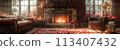 Traditional English cottage living room with floral patterns and cozy fireplace3D render 113407432