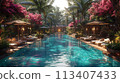 Tropical resort pool area with cabanas and a swim-up bar3D render 113407433