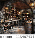 Rustic wine cellar with stone walls and wooden wine racks3D render 113407434