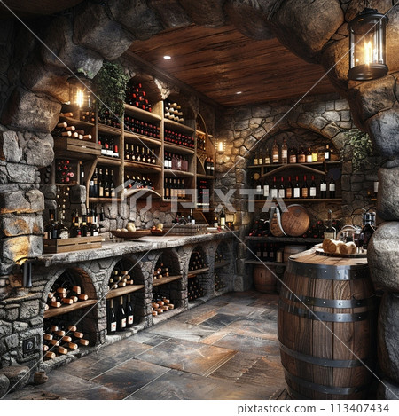 Rustic wine cellar with stone walls and wooden wine racks3D render Rustic wine cellar with stone walls and wooden wine racks3D render 113407434