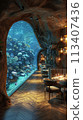 Underwater-themed restaurant with aquarium walls and marine decor3D render. 113407436