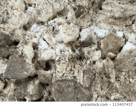 Melting dirty snow on the streets of the city during the daytime in winter. Snow with sand and mud lies on the road. Melting dirty snow on the streets of the city during the daytime in winter. Snow with sand and mud lies on the road. 113407437