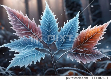 Deciduous maple leaves frostcovered in snowy landscape 113407601