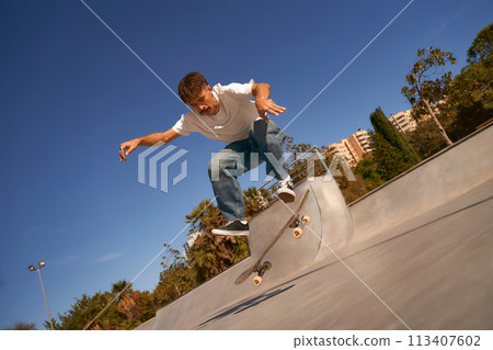 Active skateboarder jumping and performing a trick in a ramp of a skate park 113407602
