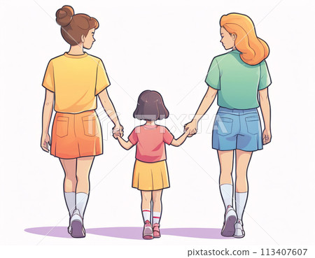 Portrayal of a non-traditional family. Rear view of two women and their daughter walking holding hands.  113407607
