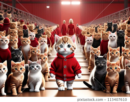 A stylish kitten in a red sweater sits among a crowd of cats. AI generated.  113407610