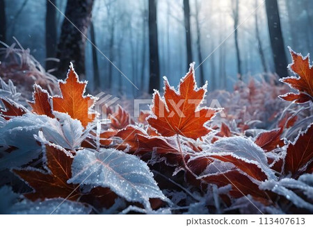 Deciduous maple leaves frostcovered in snowy landscape 113407613