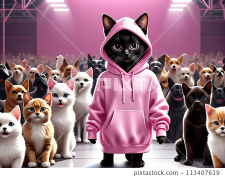 A stylish kitten in a pink hoodie sits among a crowd of puppies and cats. AI generated. A stylish kitten in a pink hoodie sits among a crowd of puppies and cats. AI generated. 113407619