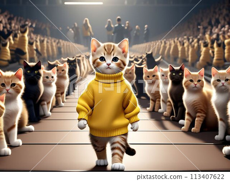 A kitten walks down the catwalk at a fashion show. AI generated.  113407622