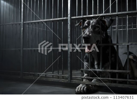 Dog in a dark prison cell. AI created. Dog in a dark prison cell. AI created. 113407631