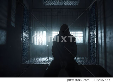 A hooded man in a dark prison cell. AI created.  113407653