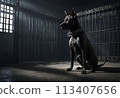 Dog in a dark prison cell. AI created.  113407656