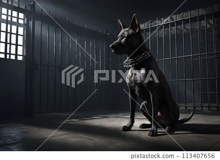 Dog in a dark prison cell. AI created. Dog in a dark prison cell. AI created. 113407656