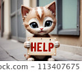 A homeless cat begs with a help sign. AI created.  113407675
